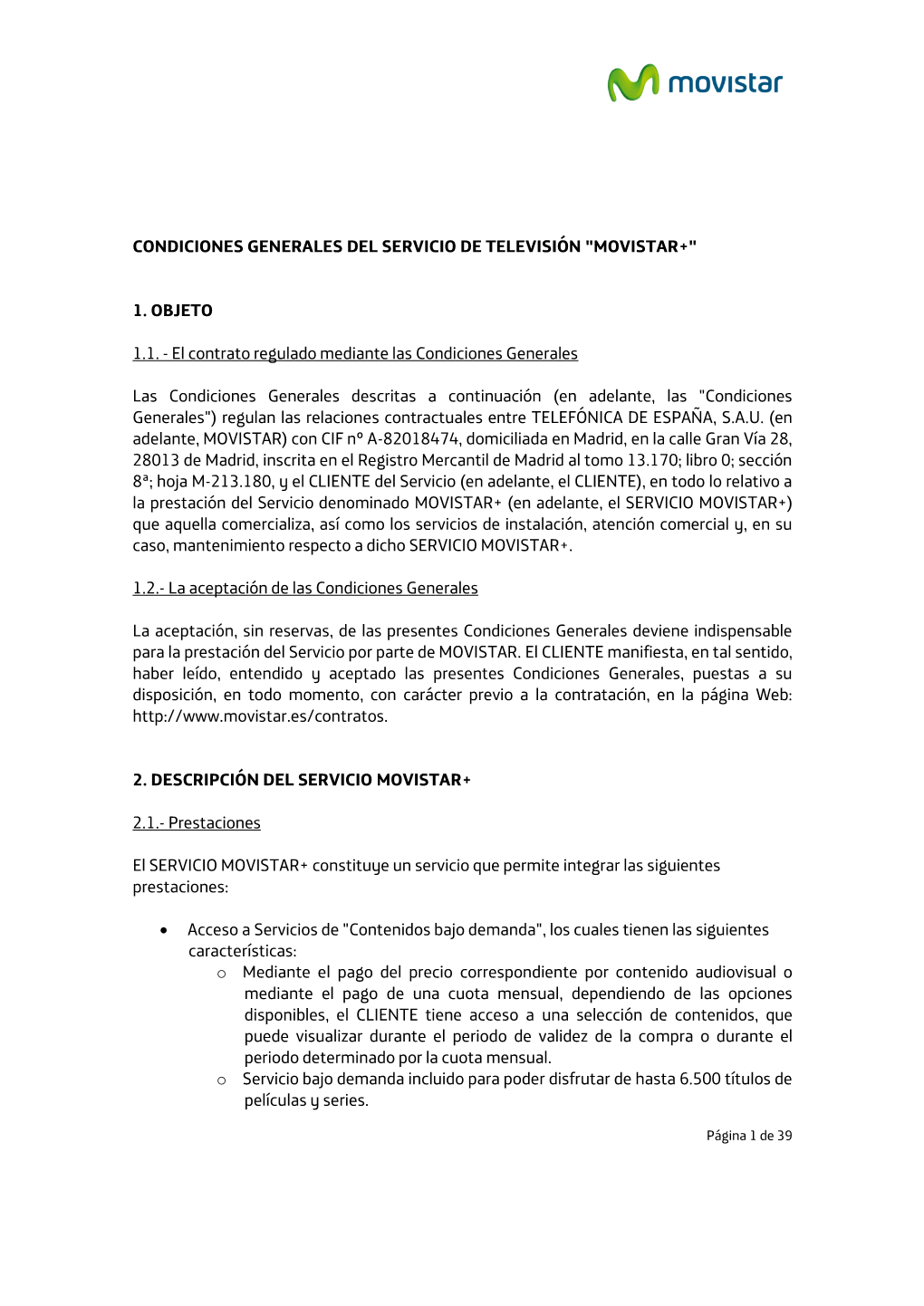 Condiciones Generales Del Servicio De Televisión "Movistar+"