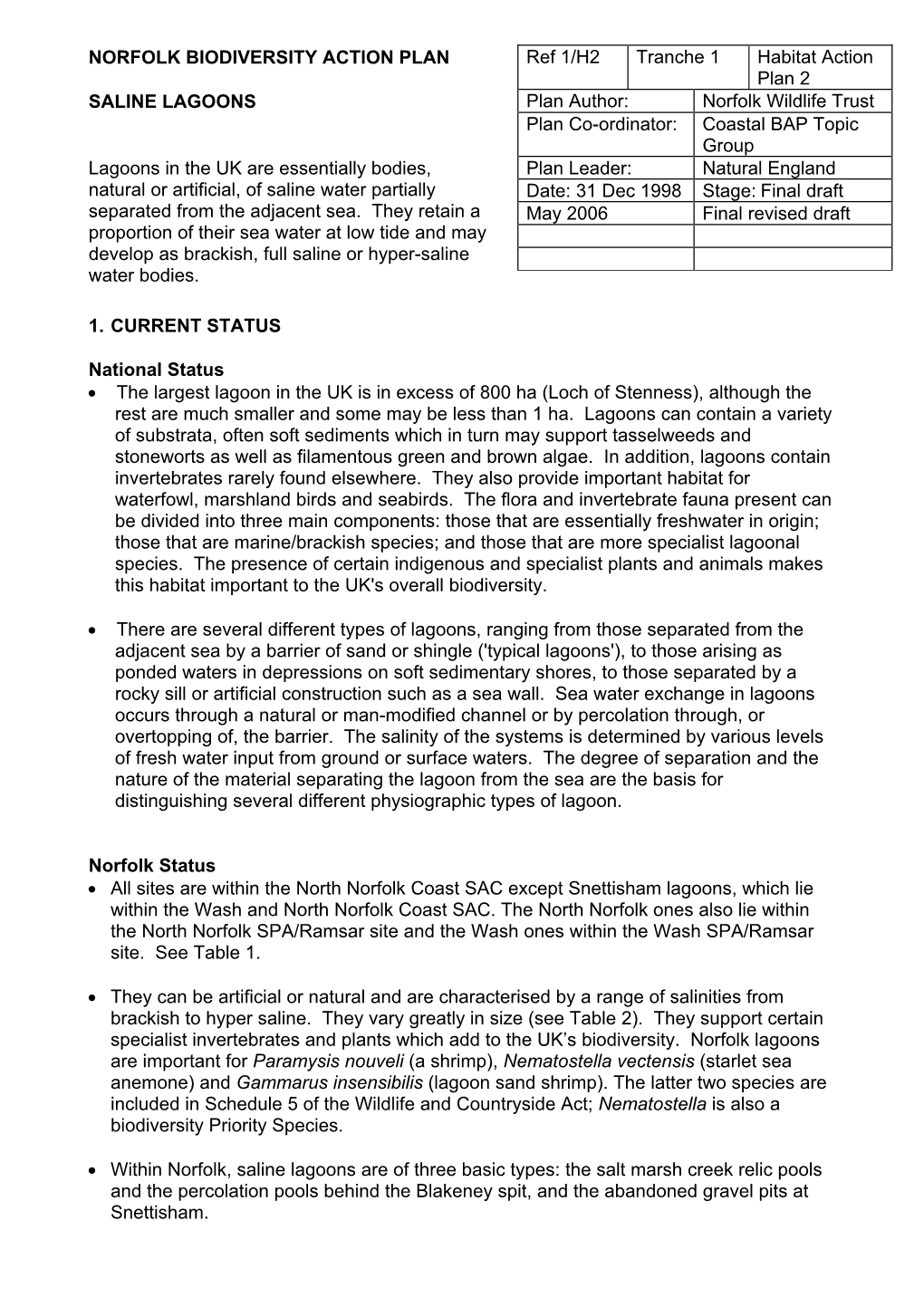 NORFOLK BIODIVERSITY ACTION PLAN Ref 1/H2 Tranche 1 Habitat Action Plan 2 SALINE LAGOONS Plan Author: Norfolk Wildlife Trust