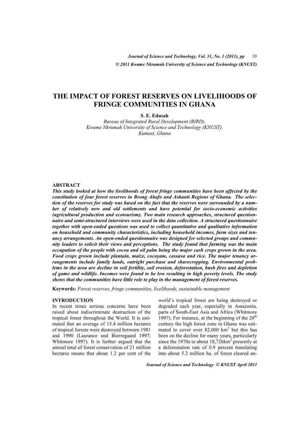 Impact of Forest Reserves on Livelihoods of Fringe Communities