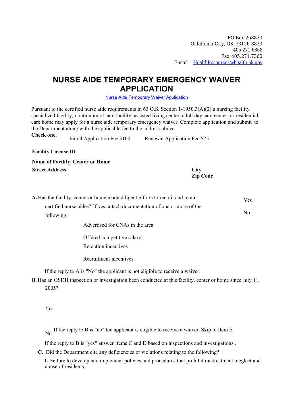 Nurse Aide Temporary Emergency Waiver Application