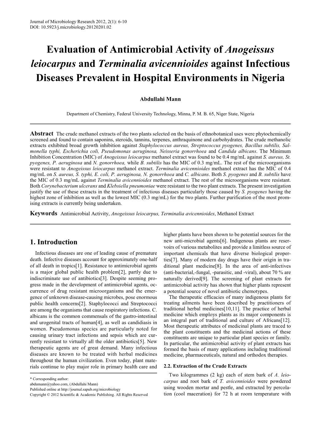 Antimicrobial Activity, Anogeissus Leiocarpus, Terminalia Avicennioides, Methanol Extract