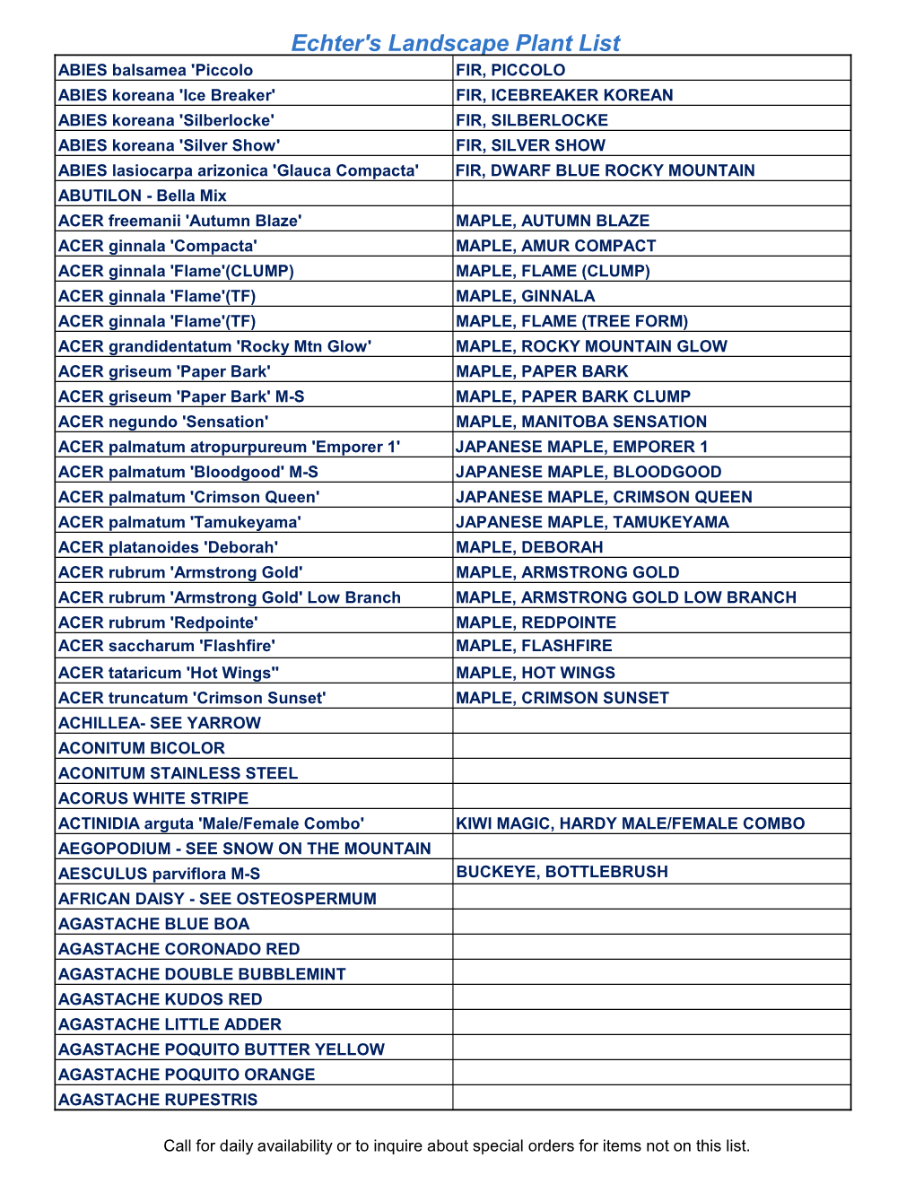 Landscape Plant List