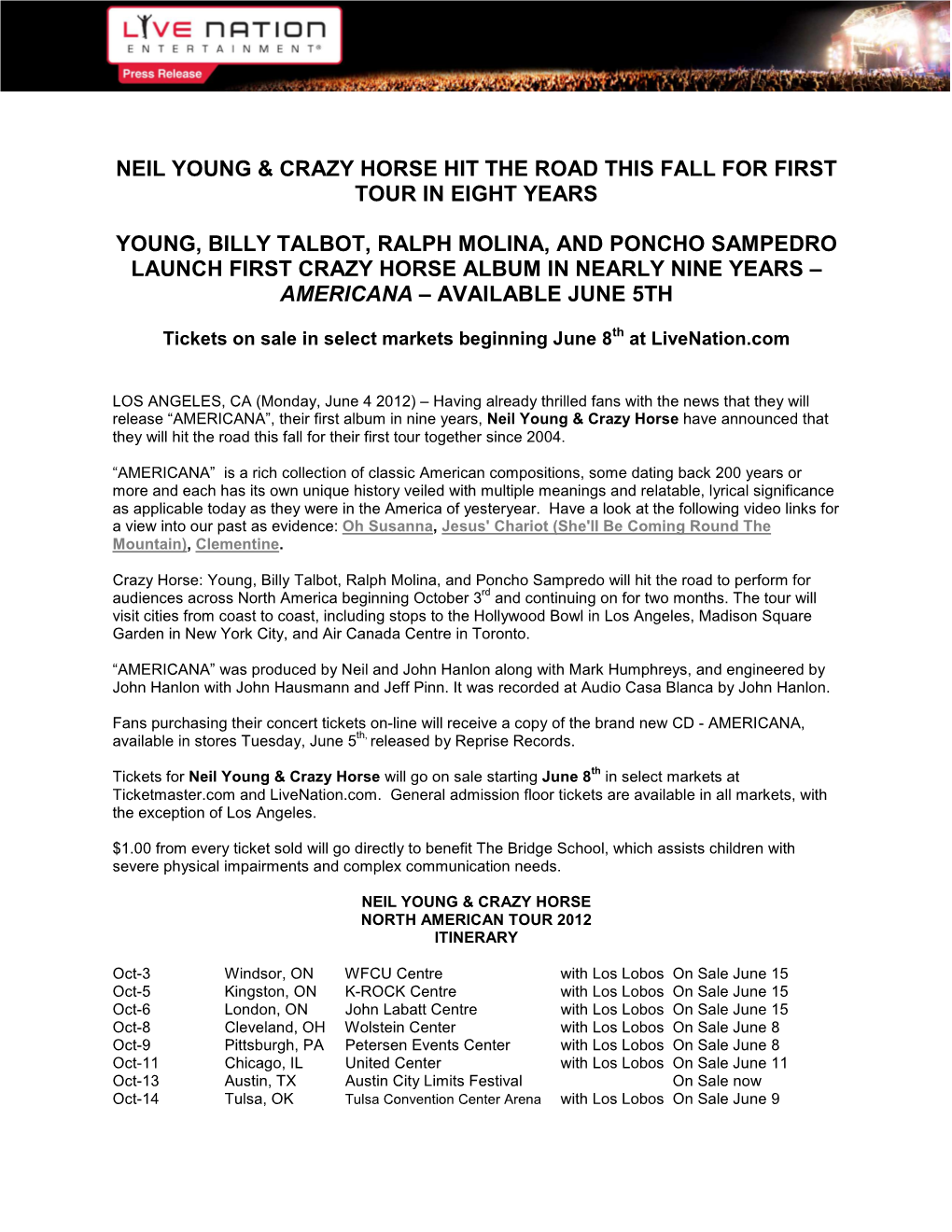 Neil Young Crazy Horse Reunite for 2012 North