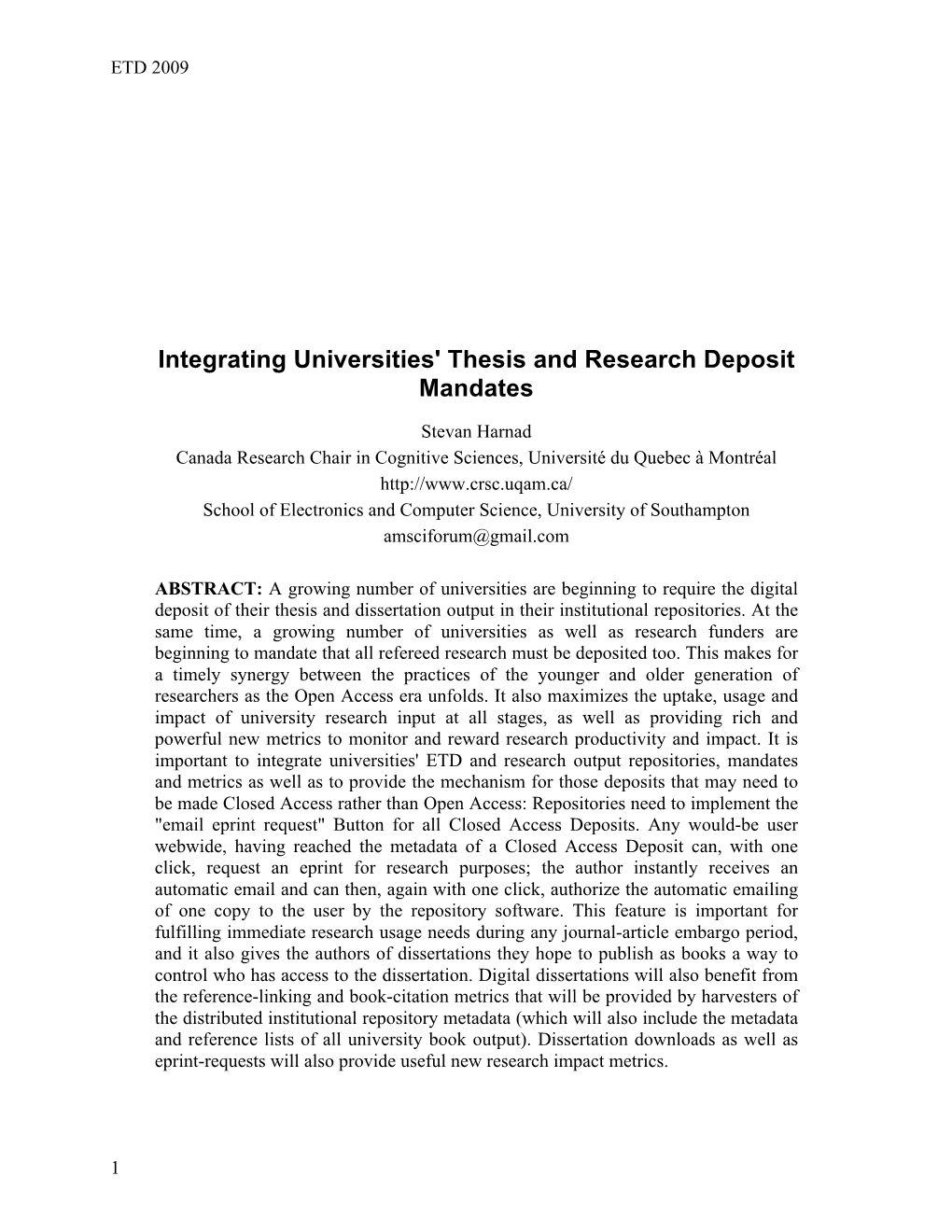 Integrating Universities' Thesis and Research Deposit Mandates