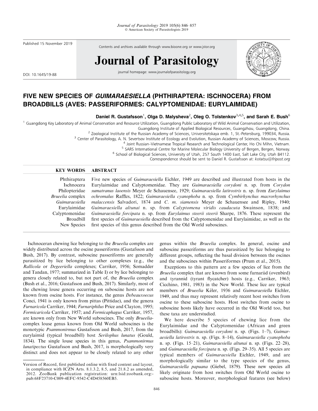 Journal of Parasitology 2019 105(6) 846–857 Ó American Society of Parasitologists 2019