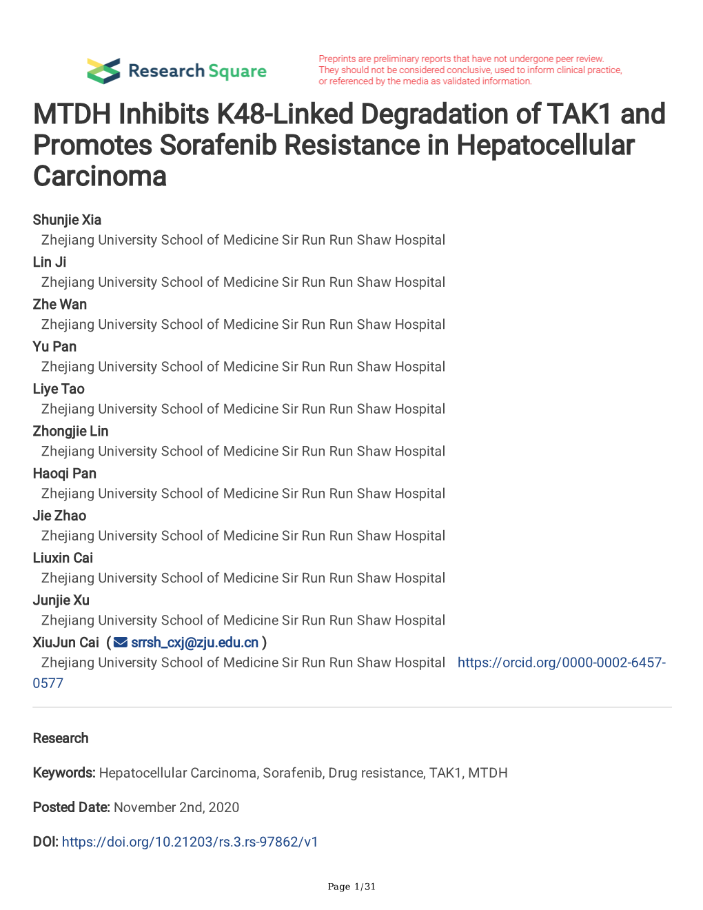 MTDH Inhibits K48-Linked Degradation of TAK1 and Promotes Sorafenib Resistance in Hepatocellular Carcinoma
