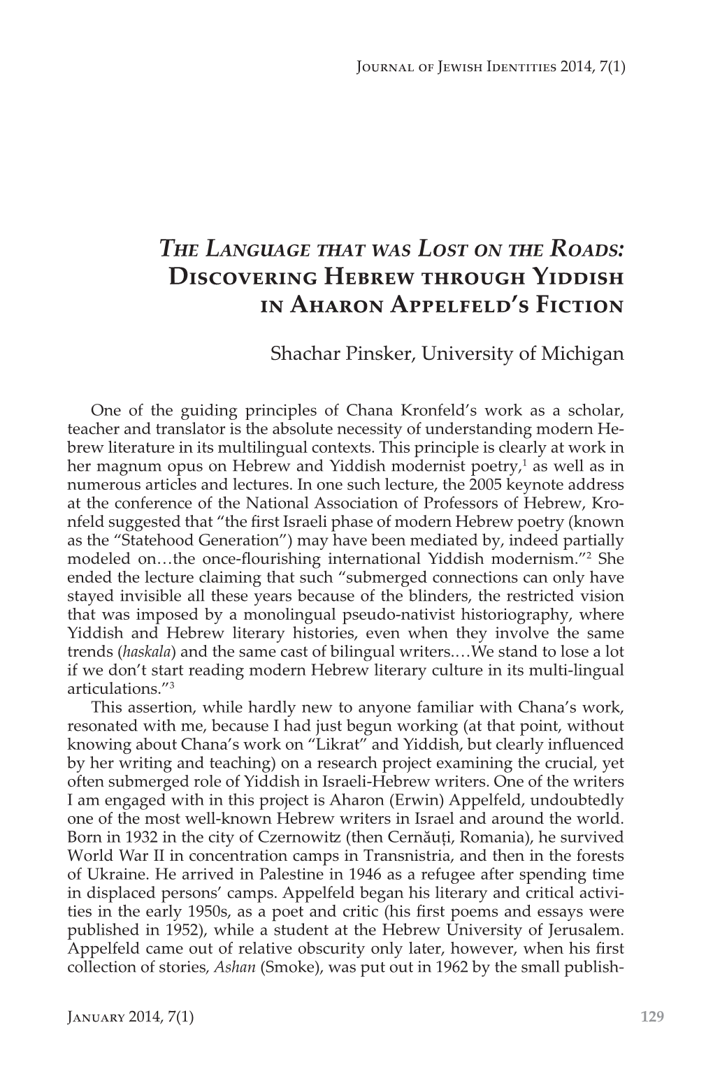 Discovering Hebrew Through Yiddish in Aharon Appelfeld's Fiction