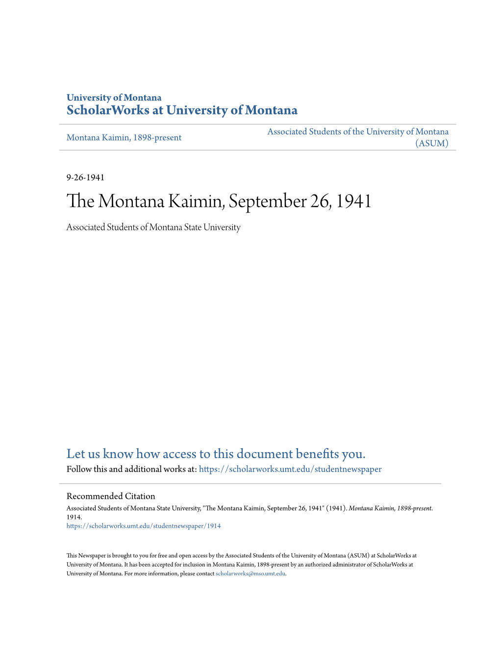 The Montana Kaimin, September 26, 1941