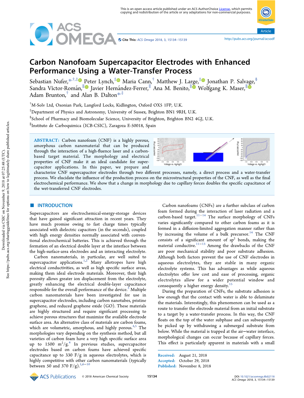 Carbon Nanofoam Supercapacitor Electrodes with Enhanced Performance Using a Water-Transfer Process † ‡ ‡ † ‡ § Sebastian Nufer,*, , Peter Lynch, Maria Cann, Matthew J