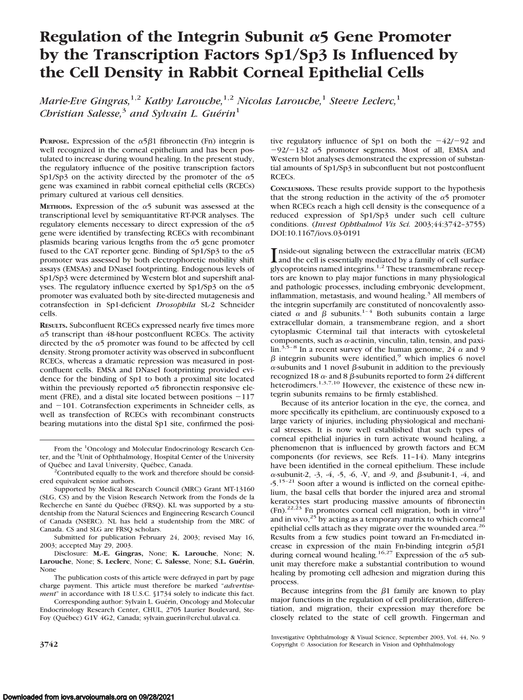 Regulation of the Integrin Subunit 5 Gene Promoter by the Transcription