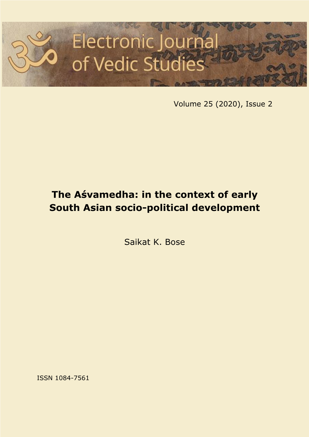 The Aśvamedha: in the Context of Early South Asian Socio-Political Development