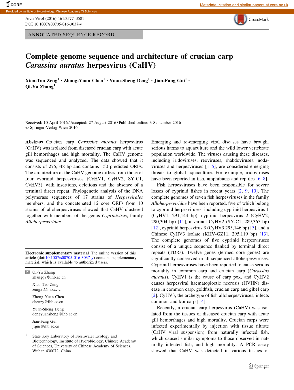 Complete Genome Sequence and Architecture of Crucian Carp Carassius Auratus Herpesvirus (Cahv)