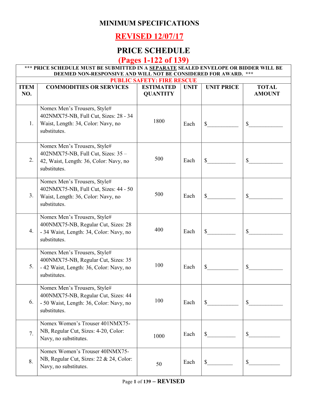 Revised 12/07/17 Price Schedule