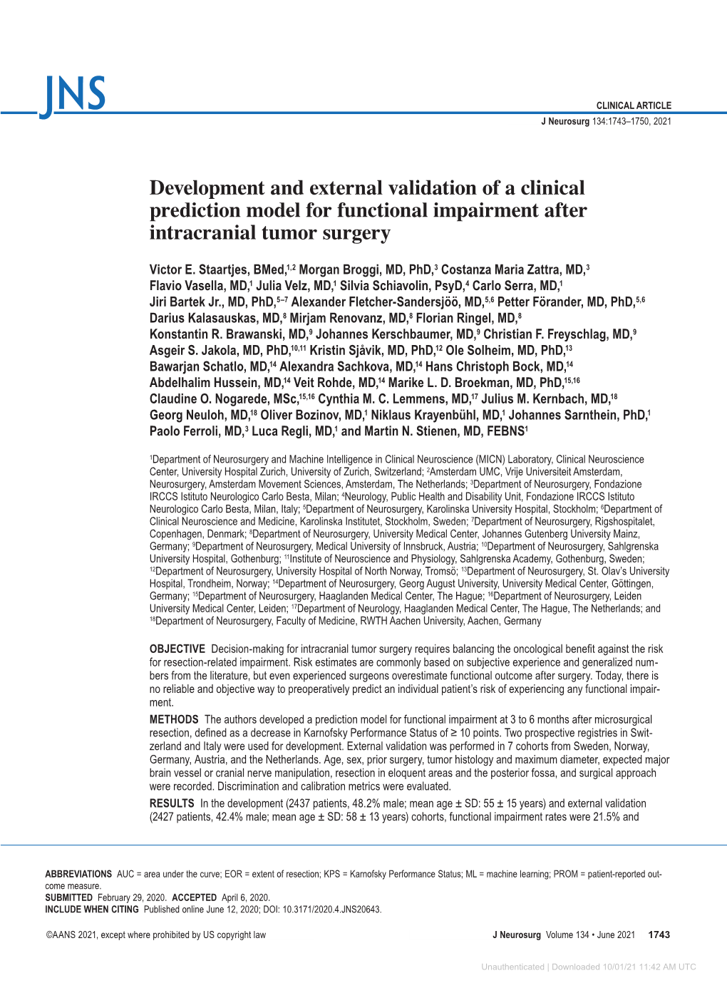 Development and External Validation of a Clinical Prediction Model for Functional Impairment After Intracranial Tumor Surgery