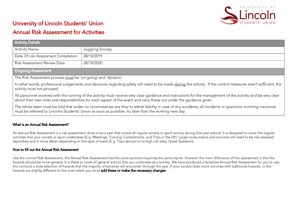 University of Lincoln Students' Union Annual Risk Assessment for Activities