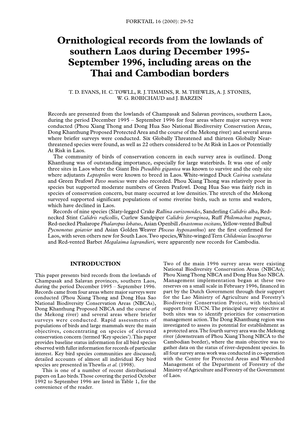 Ornithological Records from the Lowlands of Southern Laos During December 1995- September 1996, Including Areas on the Thai and Cambodian Borders