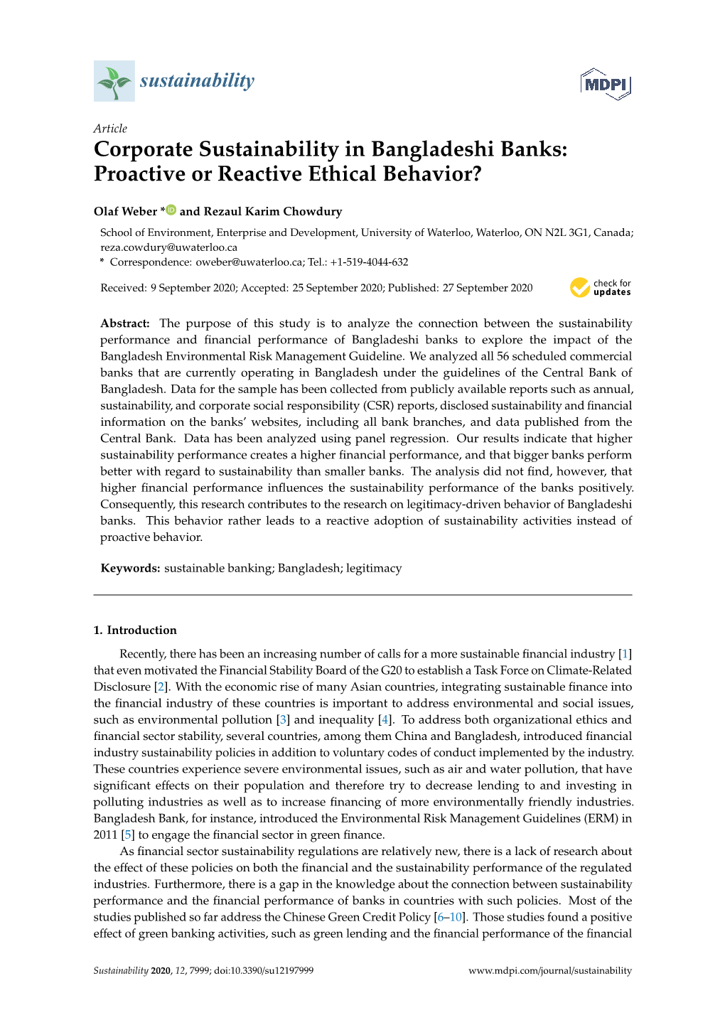 Corporate Sustainability in Bangladeshi Banks: Proactive Or Reactive Ethical Behavior?