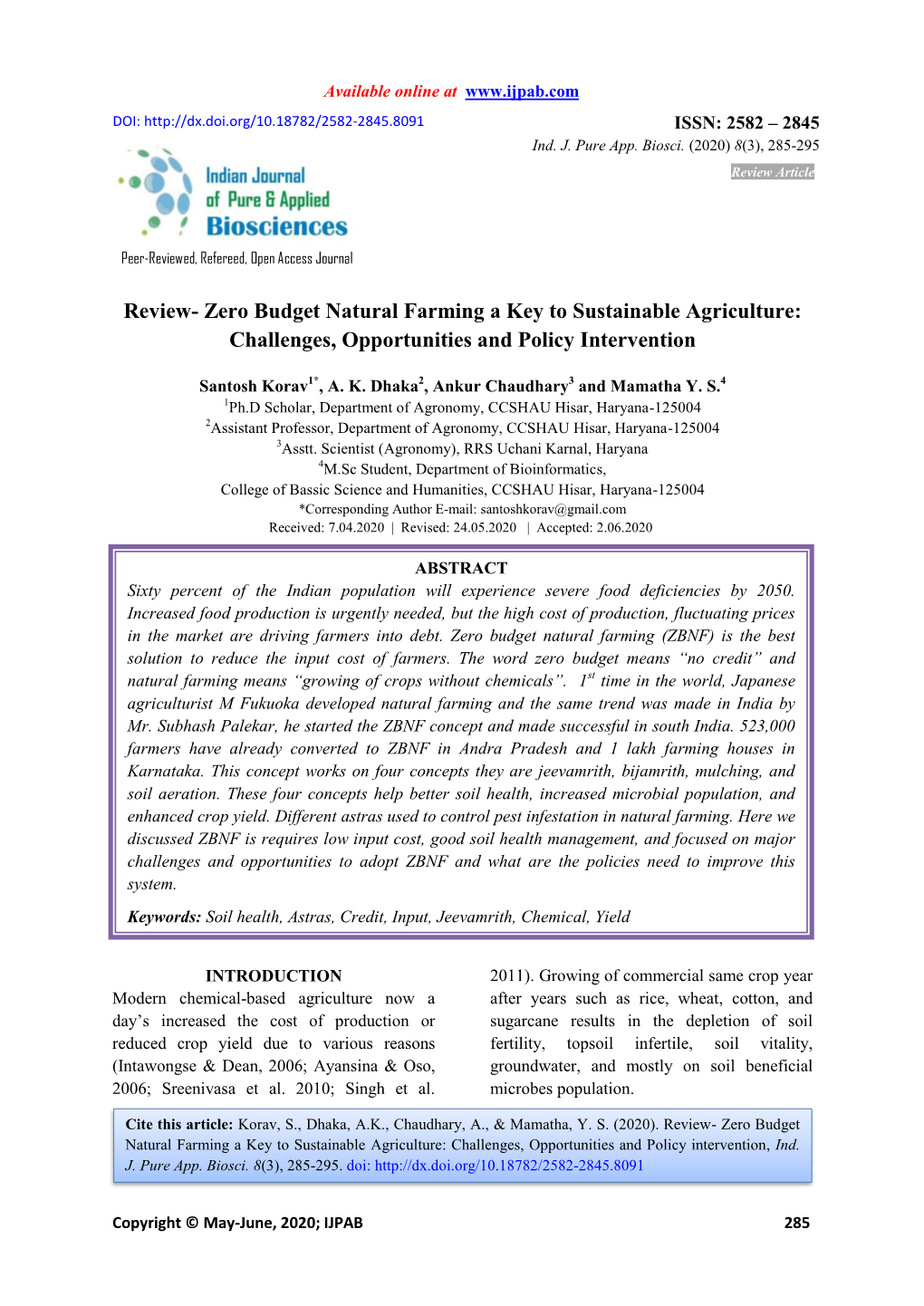 Zero Budget Natural Farming a Key to Sustainable Agriculture: Challenges, Opportunities and Policy Intervention