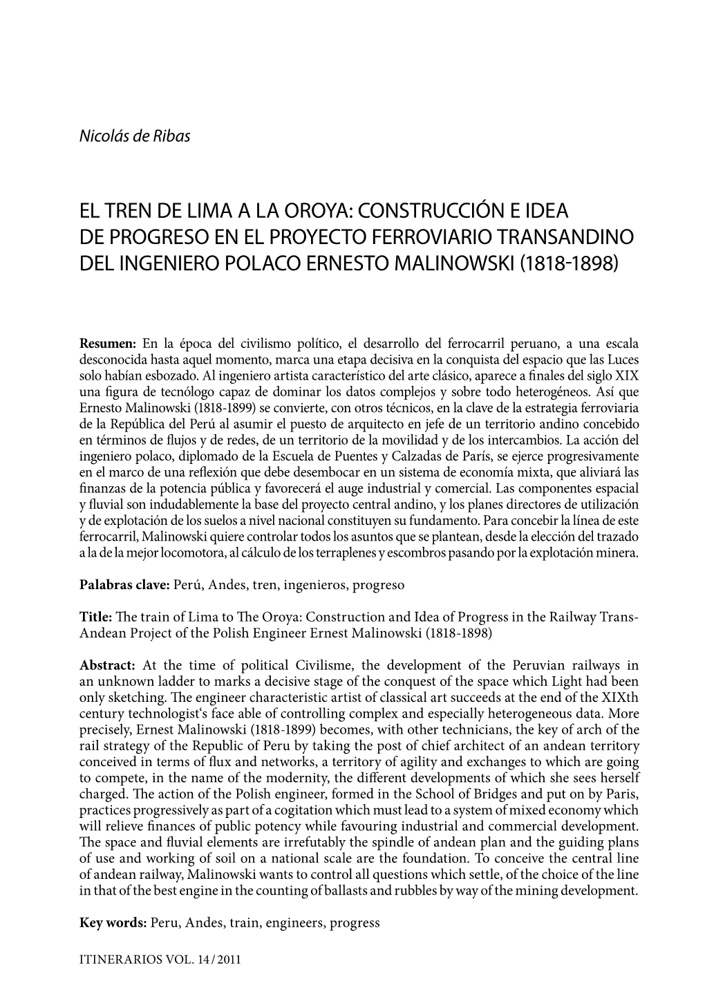 El Tren De Lima a La Oroya: Construcción E Idea De Progreso En El Proyecto Ferroviario Transandino Del Ingeniero Polaco Ernesto Malinowski (1818-1898)