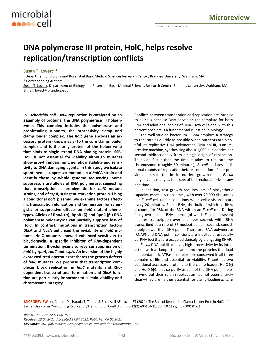 DNA Polymerase III Protein, Holc, Helps Resolve Replication/Transcription Conflicts