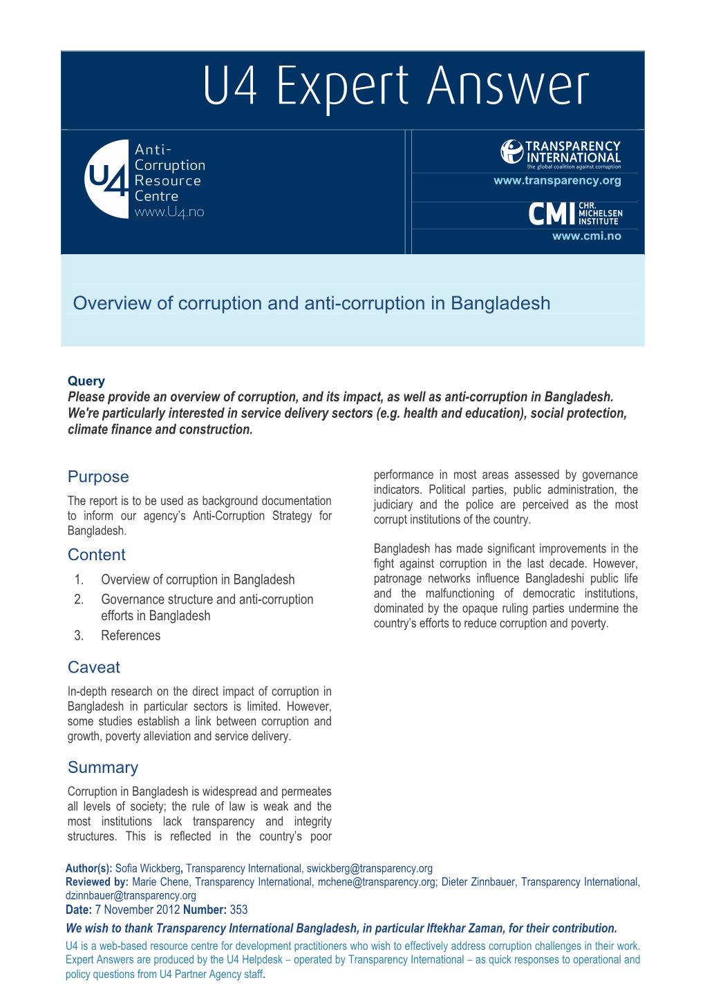 Overview of Corruption and Anti-Corruption in Bangladesh