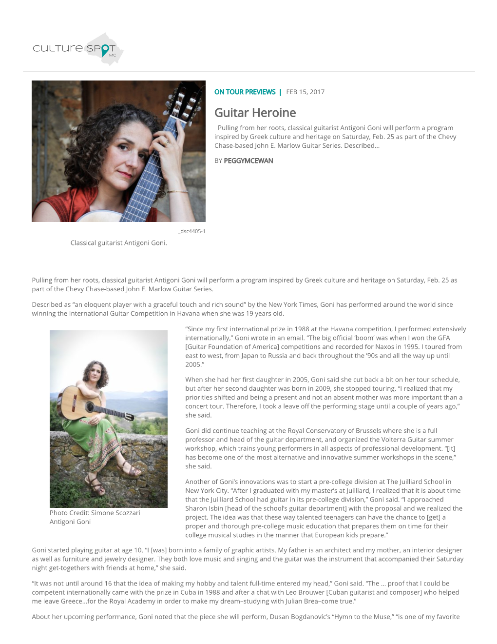 Guitar Heroine Pulling from Her Roots, Classical Guitarist Antigoni Goni Will Perform a Program Inspired by Greek Culture and Heritage on Saturday, Feb