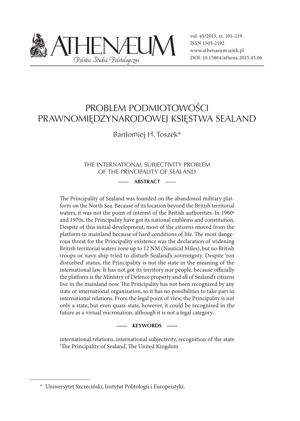 Problem Podmiotowości Prawnomiędzynarodowej Księstwa Sealand