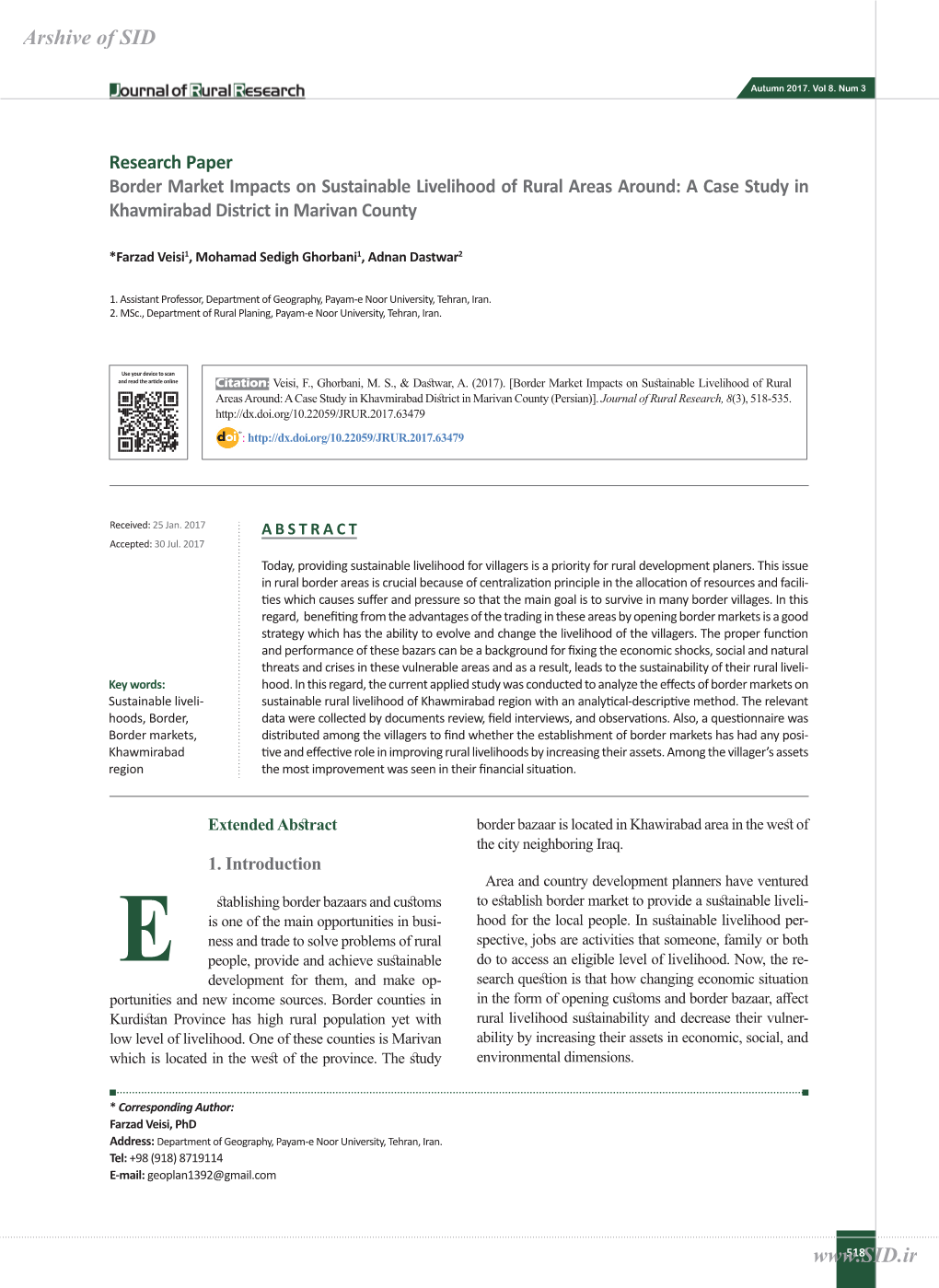 Border Market Impacts on Sustainable Livelihood of Rural Areas Around: a Case Study in Khavmirabad District in Marivan County