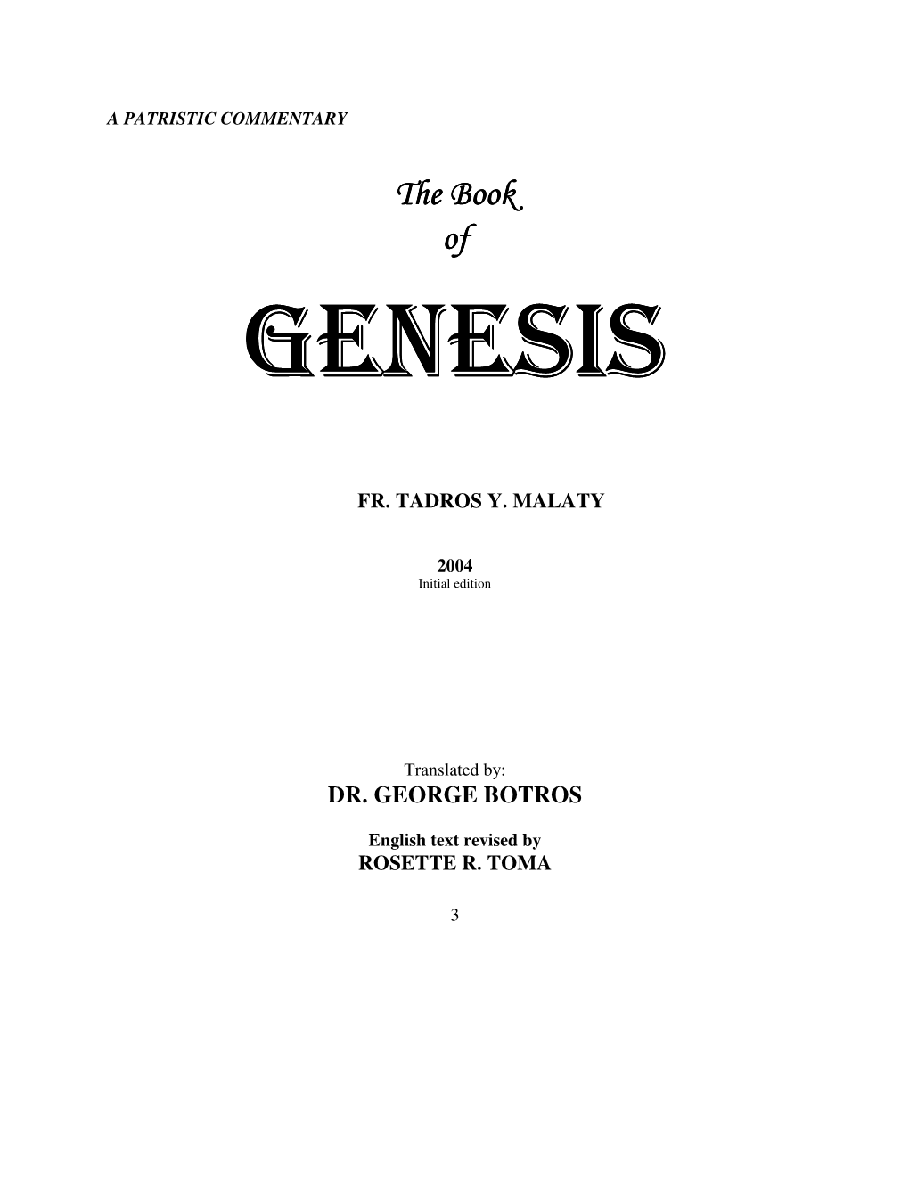 Genesis – Father Tadros Yacoub Malaty