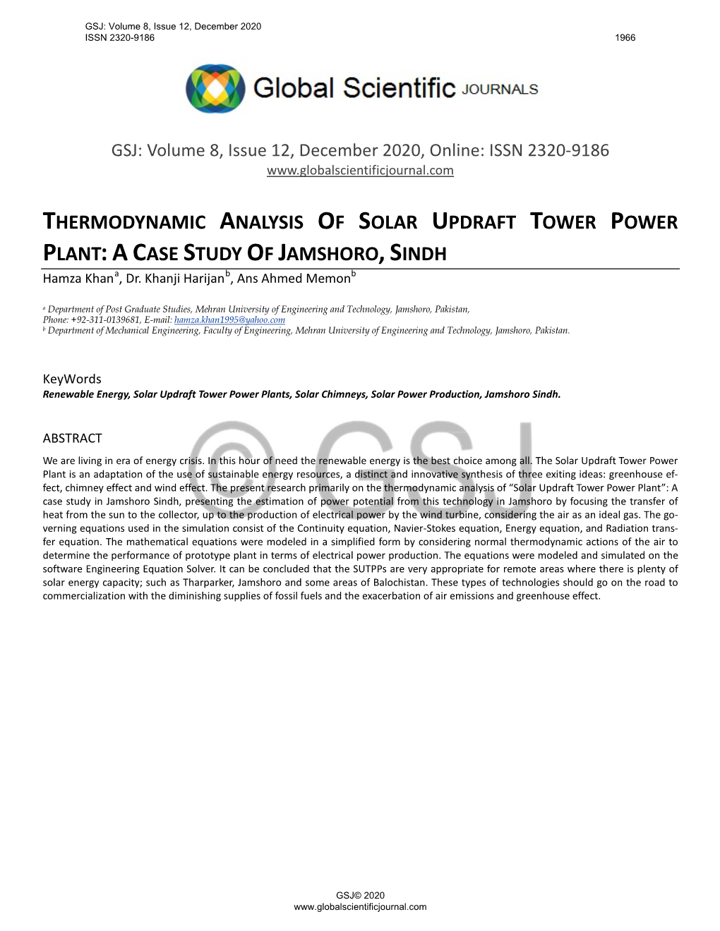 Thermodynamic Analysis of Solar Updraft Tower Power Plant:Acase Study of Jamshoro,Sindh