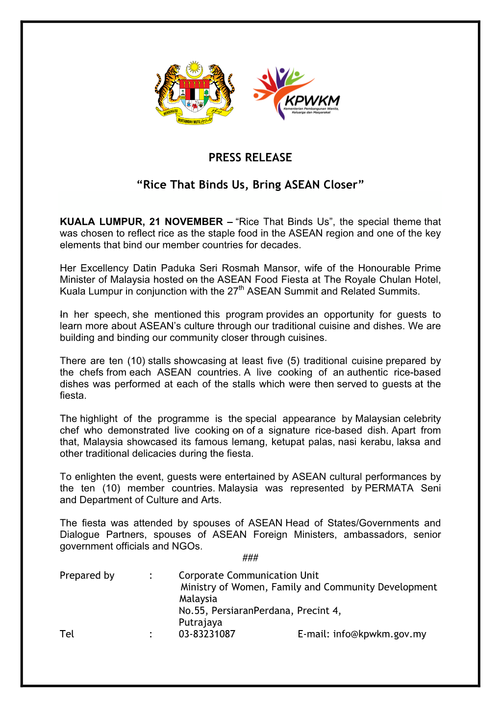 PRESS RELEASE “Rice That Binds Us, Bring ASEAN Closer”