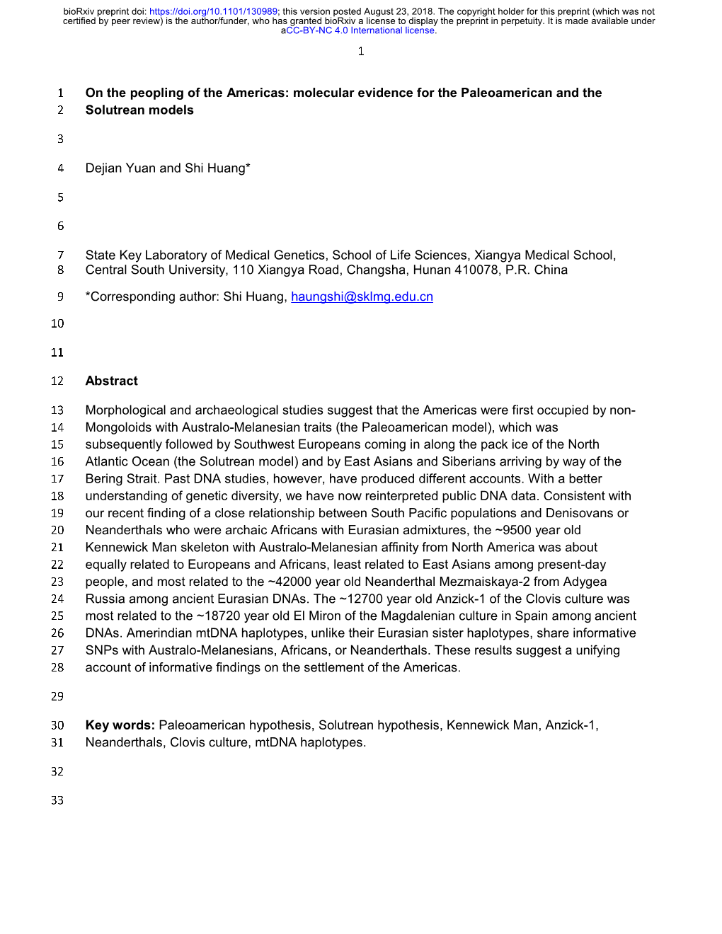 On the Peopling of the Americas: Molecular Evidence for the Paleoamerican and the 2 Solutrean Models