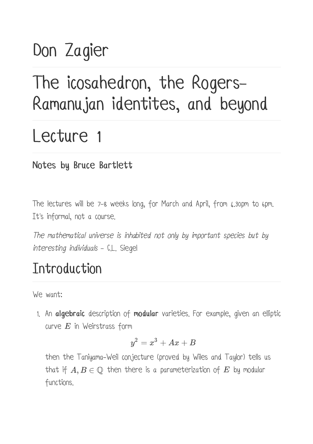 Don Zagier the Icosahedron, the Rogers- Ramanujan Identites, and Beyond Lecture 1