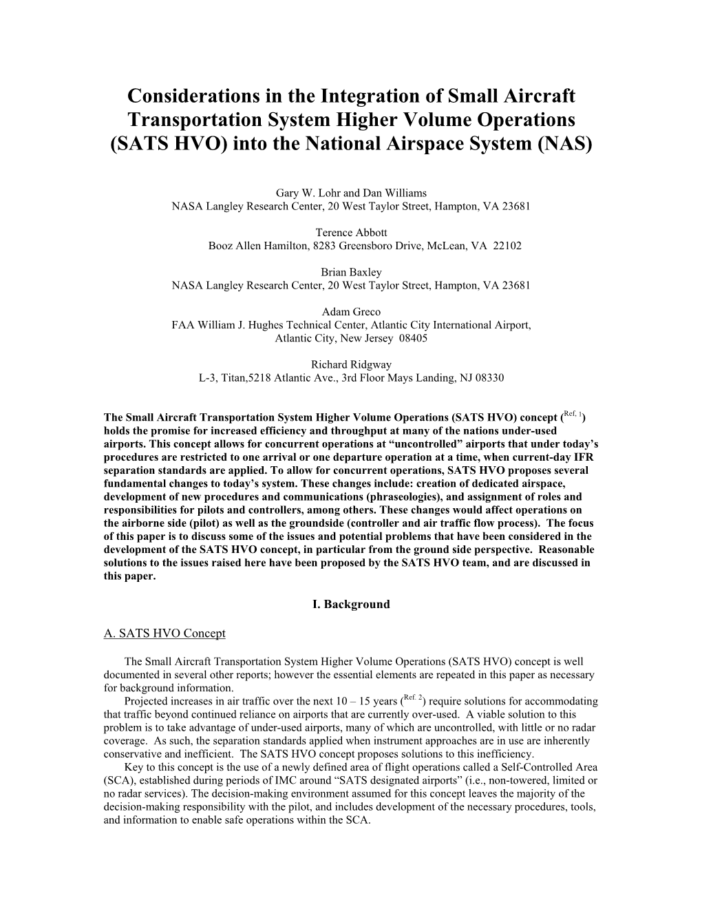 SATS HVO) Into the National Airspace System (NAS