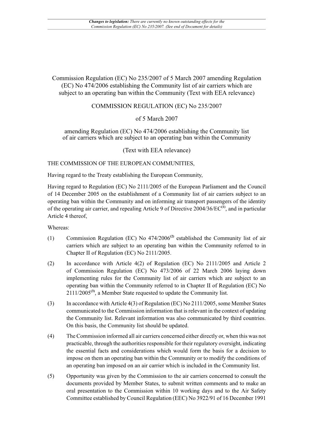 Commission Regulation (EC) No 235/2007