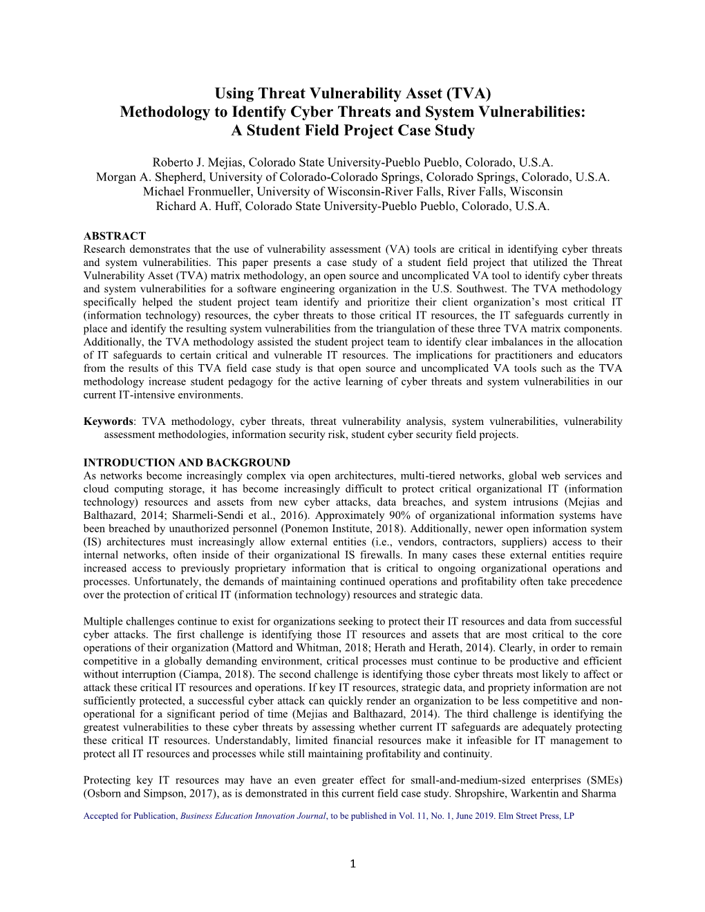 Using Threat Vulnerability Asset (TVA) Methodology to Identify Cyber Threats and System Vulnerabilities: a Student Field Project Case Study