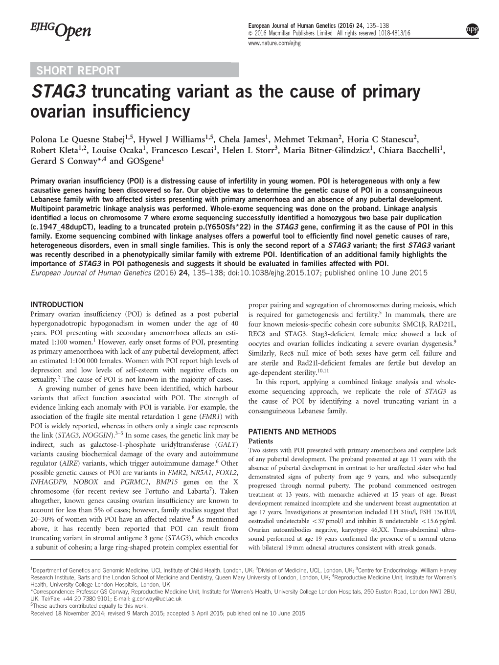 STAG3 Truncating Variant As the Cause of Primary Ovarian Insufficiency