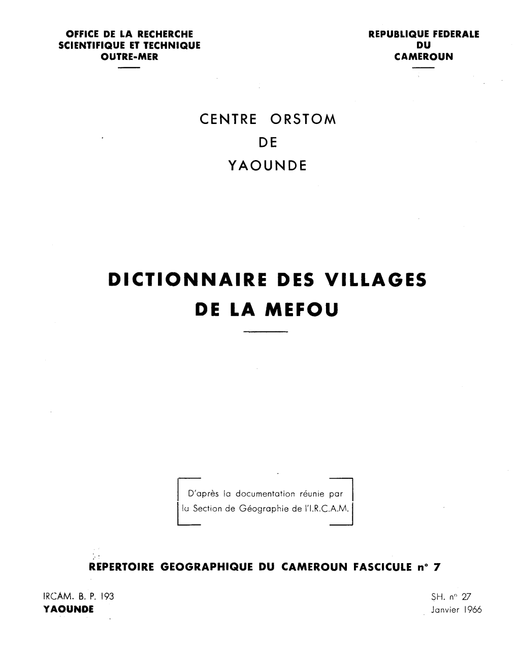 Dictionnaire Des Villages De La Mefou