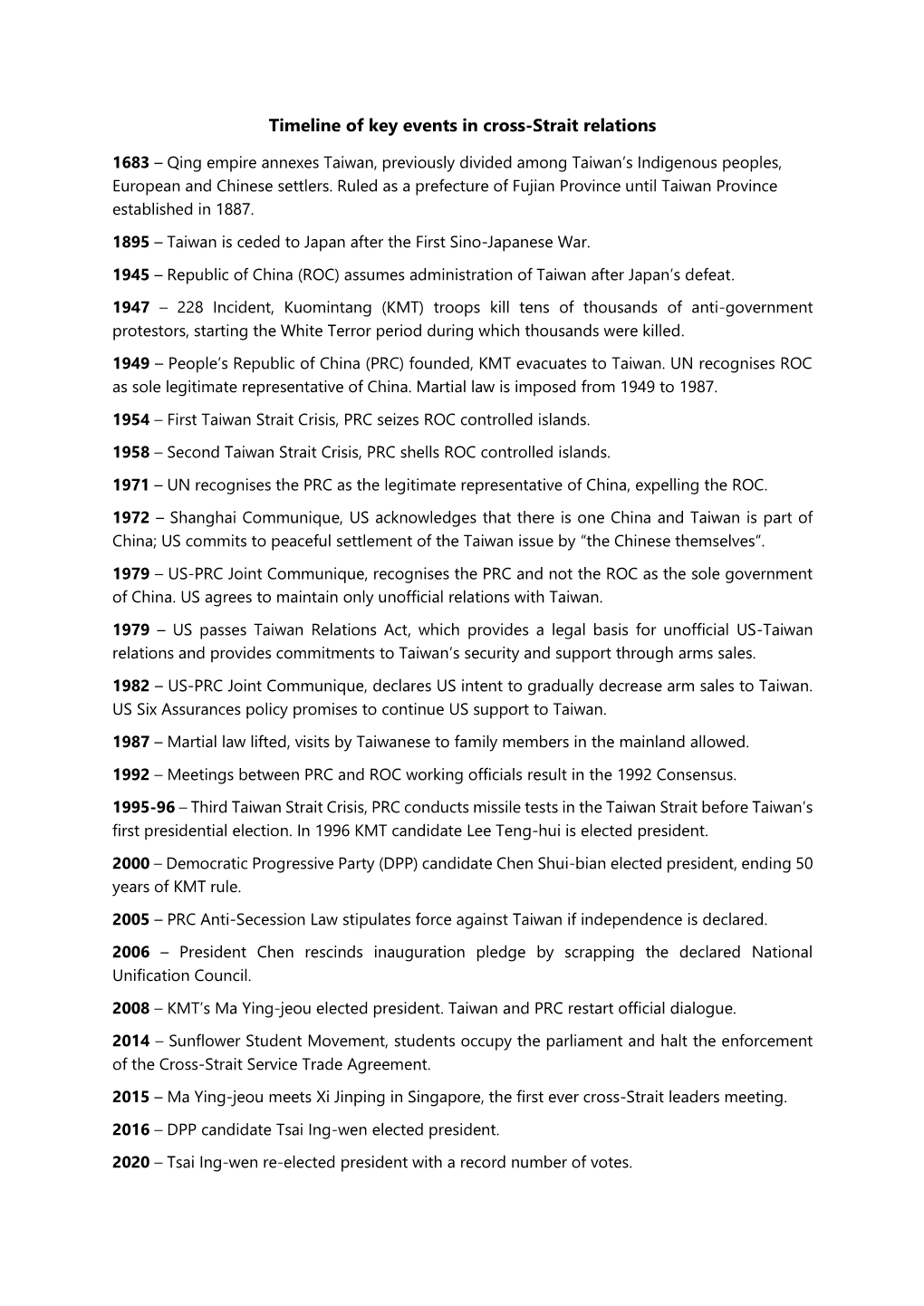 Timeline of Key Events in Cross-Strait Relations