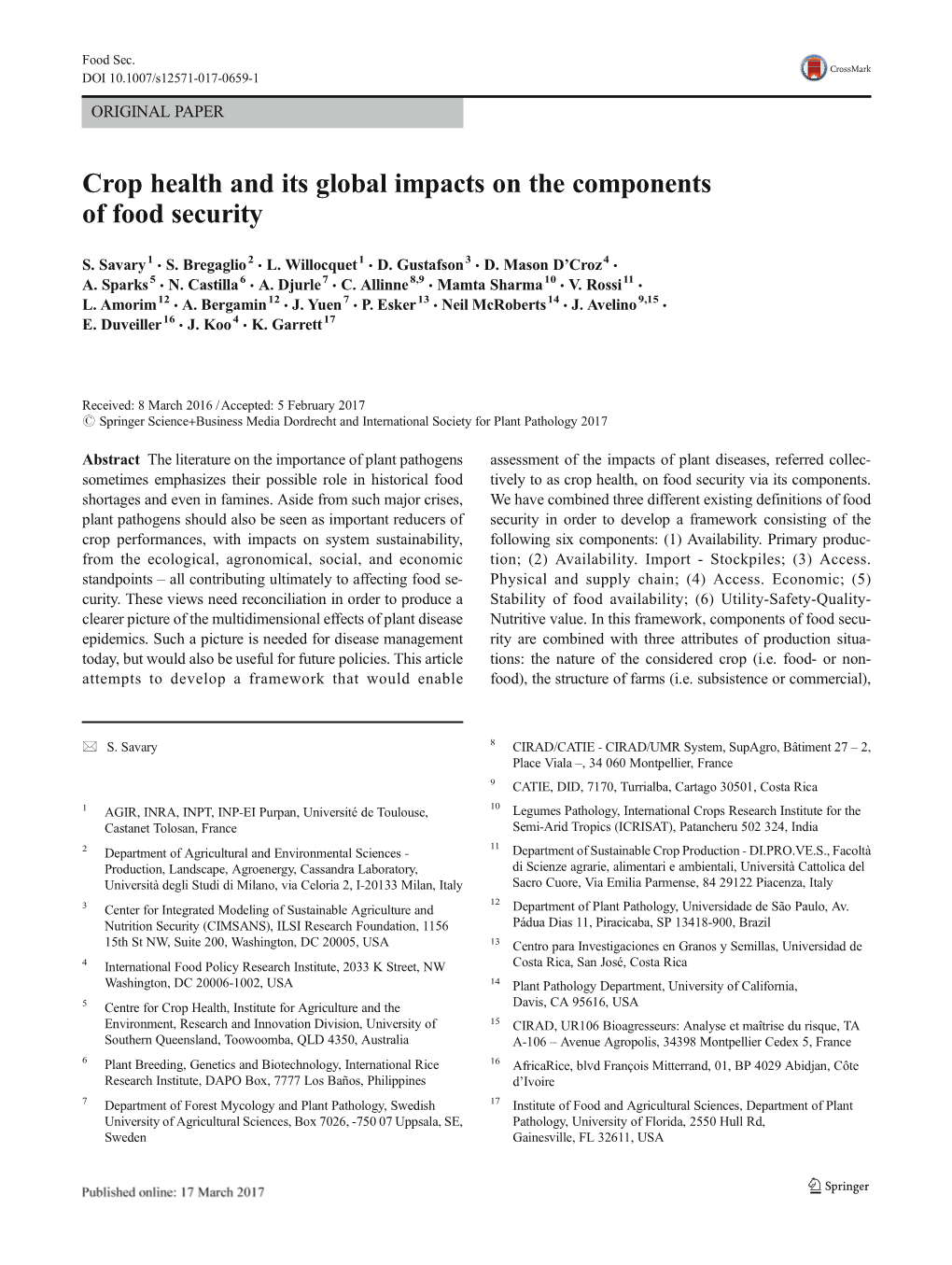 Crop Health and Its Global Impacts on the Components of Food Security