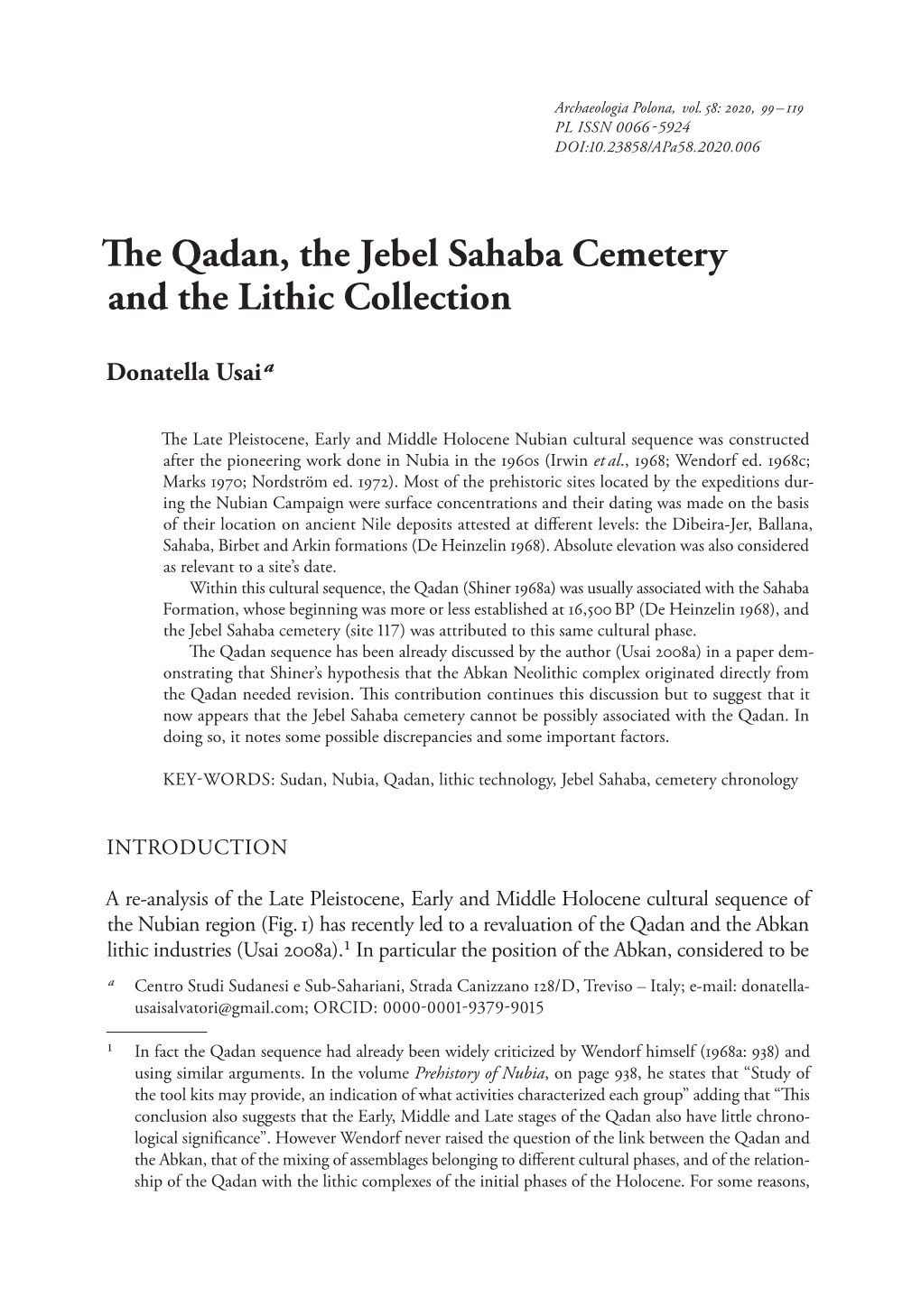 Archaeologia Polona, Vol. 58: 2020, the Qadan, the Jebel Sahaba