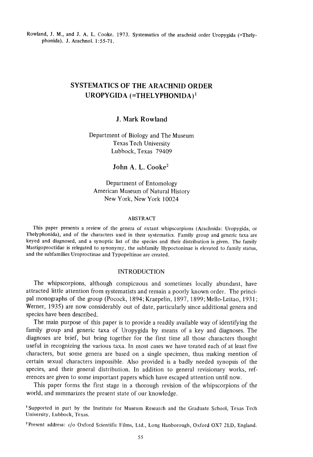 Systematics of the Arachnid Order Uropygida (=Thely - Phonida)