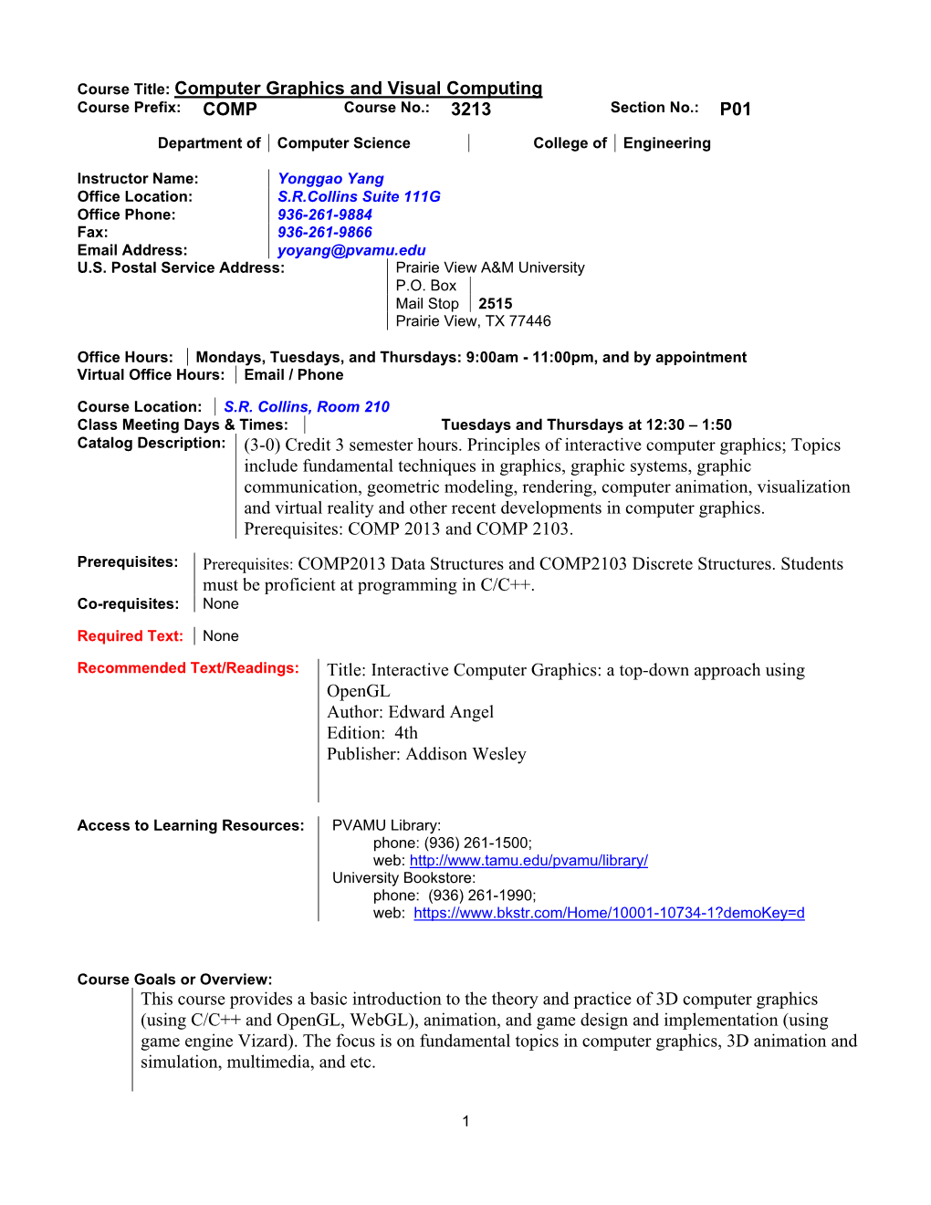 Course Title: Computer Graphics and Visual Computing Catalog