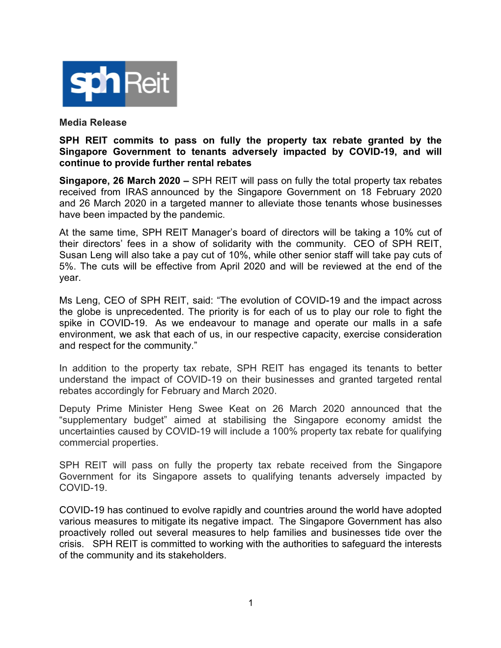 Media Release SPH REIT Commits to Pass on Fully the Property Tax Rebate