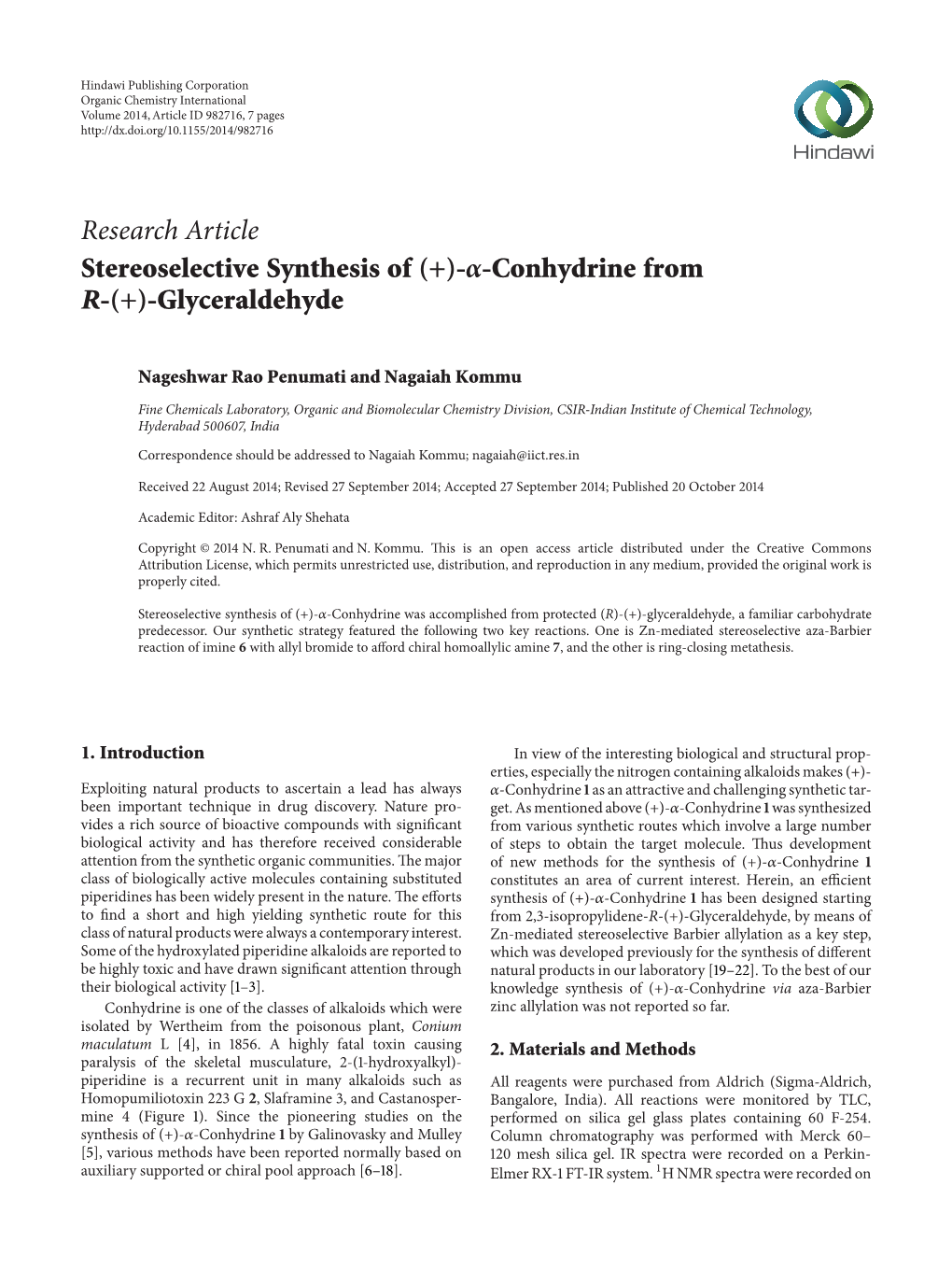 Research Article Stereoselective Synthesis of (+)- -Conhydrine from R