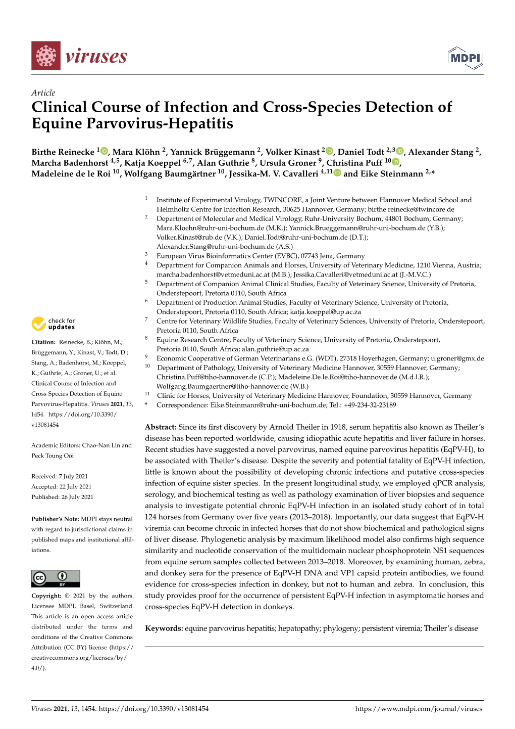 Clinical Course of Infection and Cross-Species Detection of Equine Parvovirus-Hepatitis