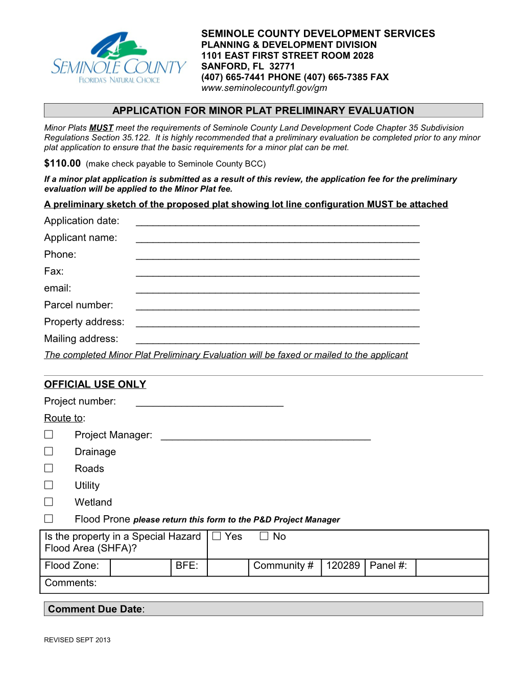 Application for Minor Plat Preliminary Evaluation