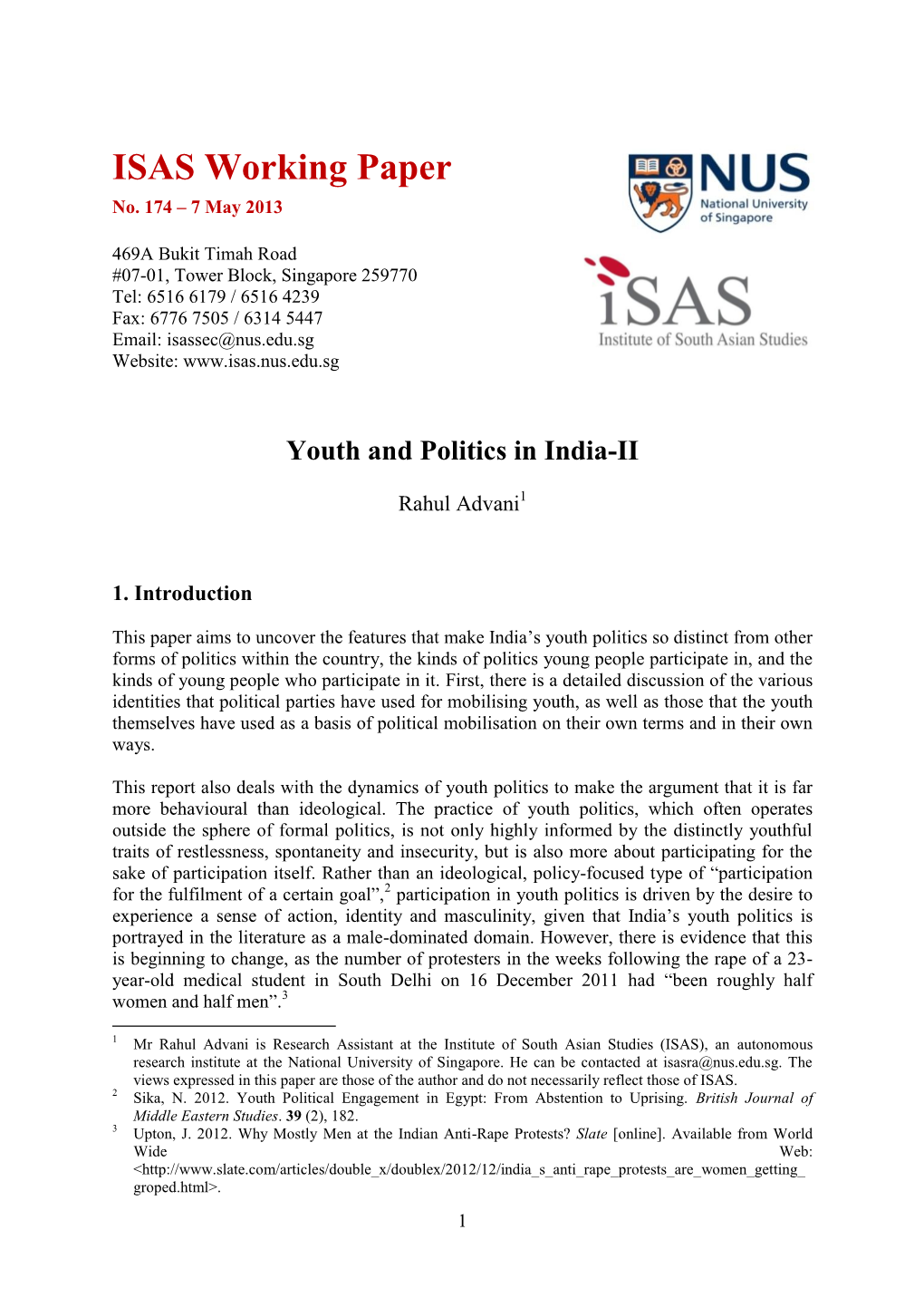 Youth and Politics in India-II