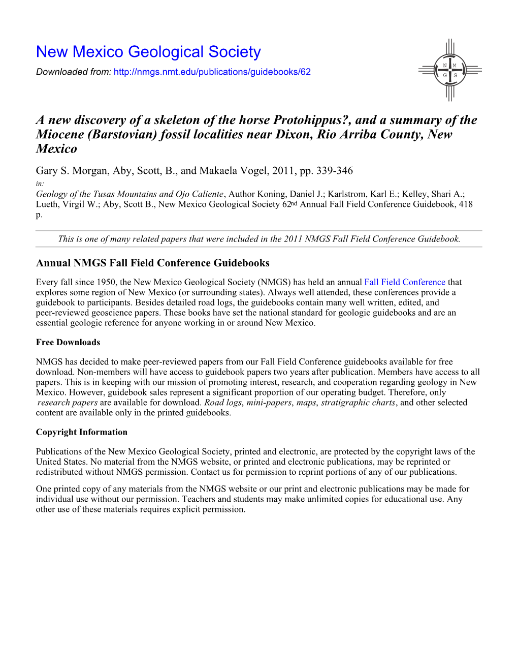 A New Discovery of a Skeleton of the Horse Protohippus?, and a Summary of the Miocene (Barstovian) Fossil Localities Near Dixon, Rio Arriba County, New Mexico Gary S