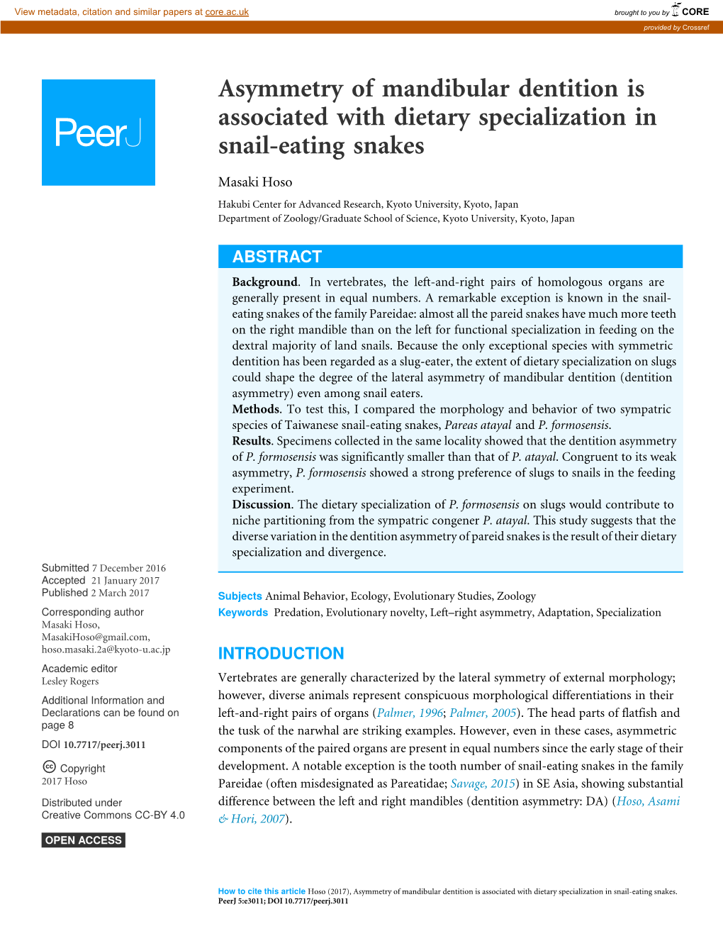 Asymmetry of Mandibular Dentition Is Associated with Dietary Specialization in Snail-Eating Snakes